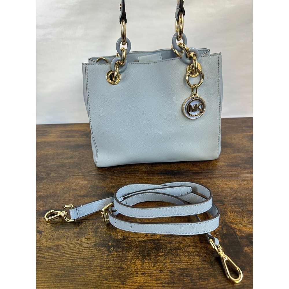 Michael Kors Cynthia Satchel Pale Blue Saffiano Leather Chain Handle Handbag - Picture 2 of 16